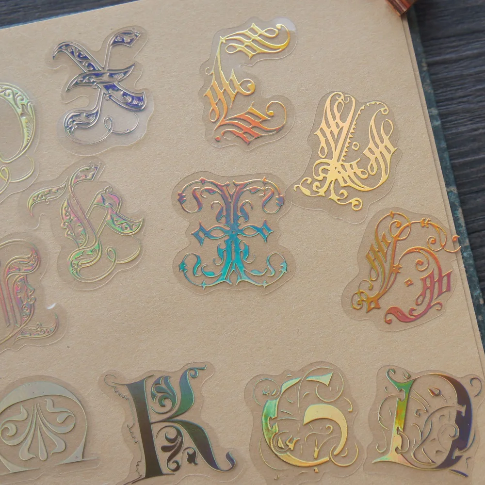 

52pcs Gold Fancy English Letter Writing Style PVC Sticker Scrapbooking DIY Gift Tag Decoration