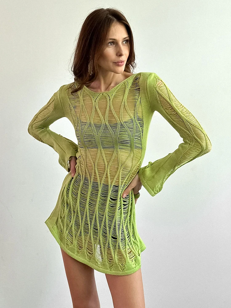 

Fantoye Knitted Sexy See Through Women Dress Green Long Sleeve Hollow Out Dress Female Summer Skinny Elegant Beachwear Vestidos