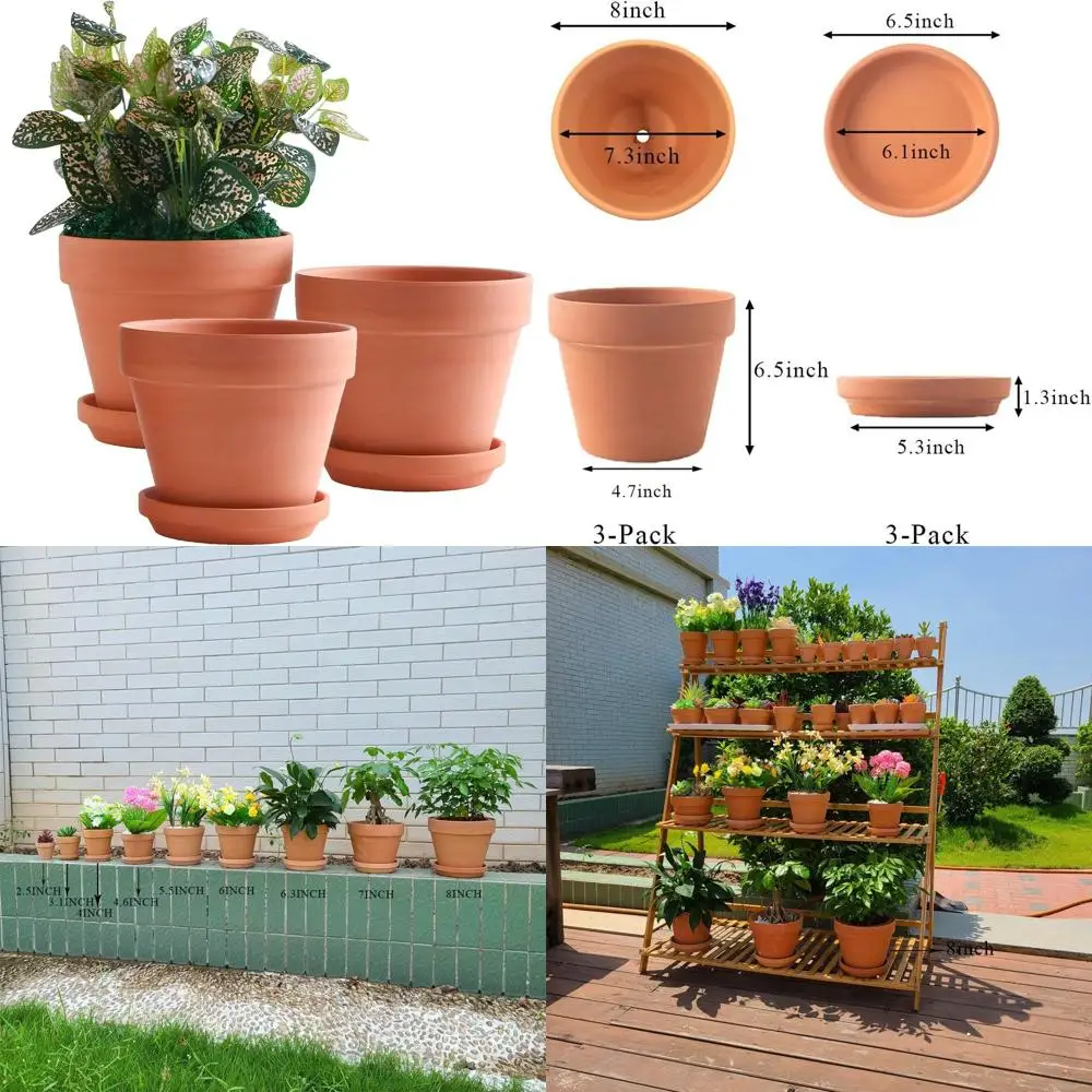 Yig Maceta o planta de arcilla de 8 pulgadas con platillo - Paquete de 3 macetas grandes de terracota con orificio de drenaje, macetero de arcilla, terracota