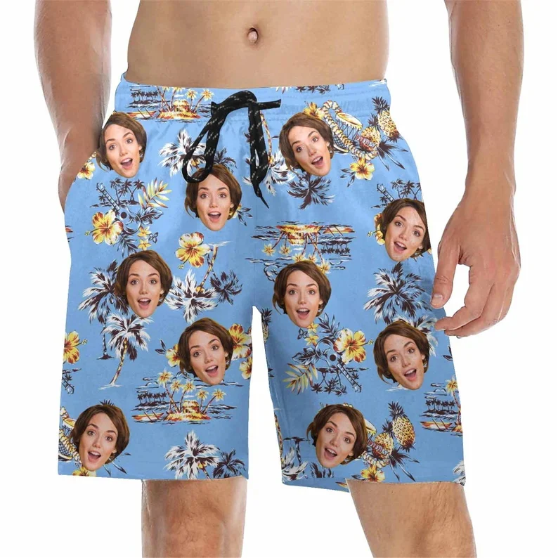 

Custom Face Print Men's Beach Shorts Personalized Photo Tropical Palm Tree & Flower Graphic Quick Dry Swim Trunks For Vacation