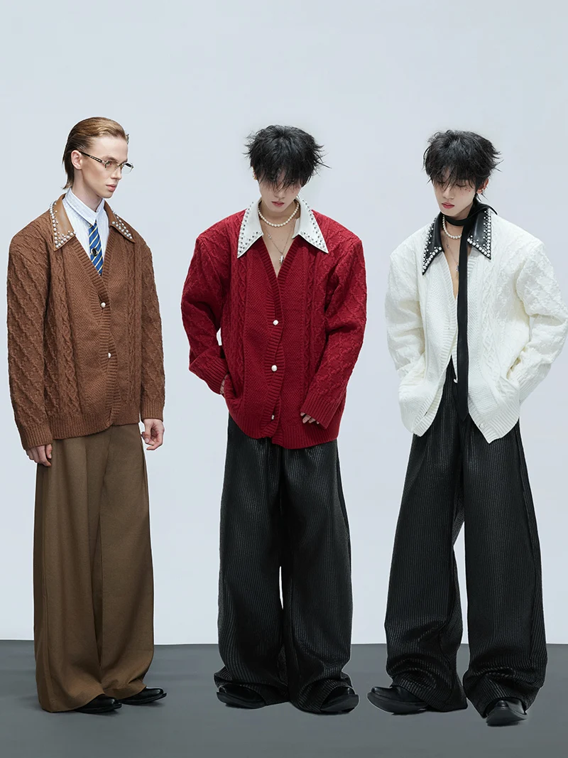 LUZHEN 2025 New Fake Two Piece Design Splicing Rivet Metal Decorate Leather Neck Knitted Cardigan Men's Fashion Sweater JY4799