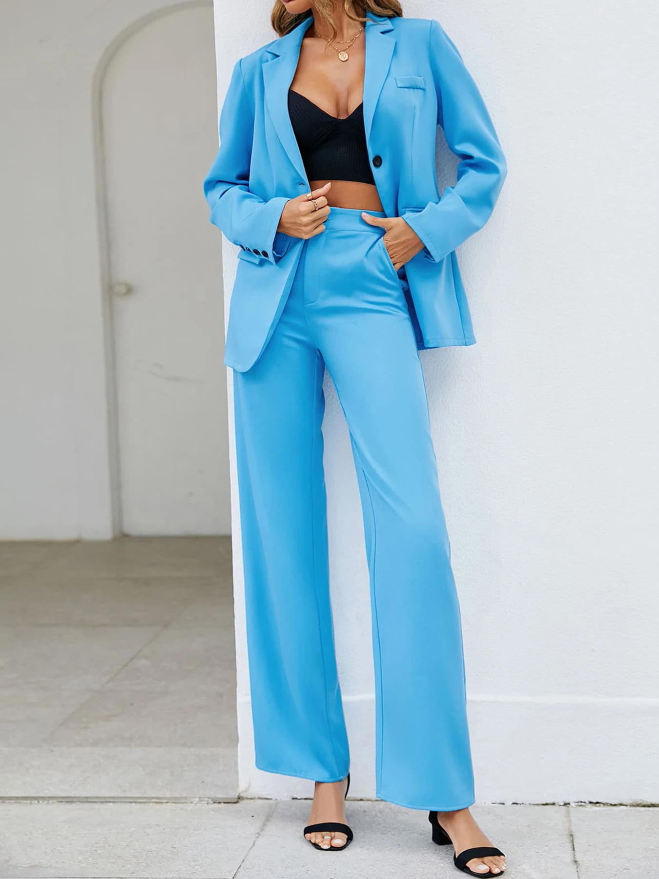 Fashion Women Two Piece Sets Elegant Office Solid Color Single Button Long Sleeve Blazer Suits With High Waist Wide Leg Pants