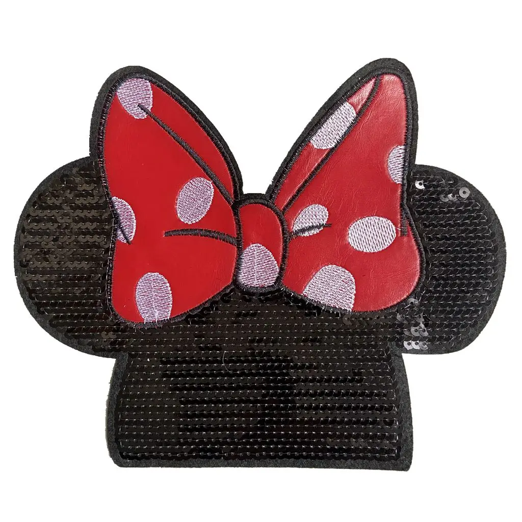 RED BOW WITH BLACK SEQUINED MKY PATCH LOGO Fabric Accessories Parch Badges Clothing Patches BADGE Embroidery Appliques Patch