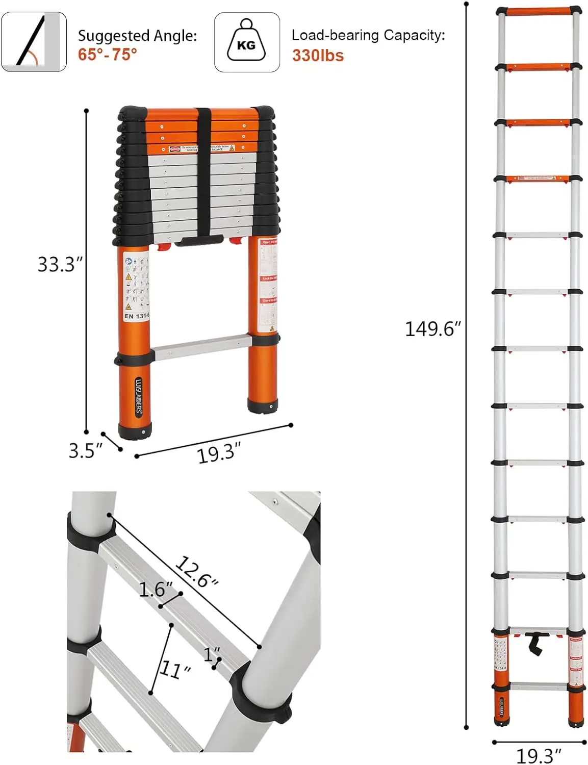 Échelle télescopique multi-usage, rallonge télescopique, rétraction à un bouton, anti-pincement, antidérapant, 330 lb