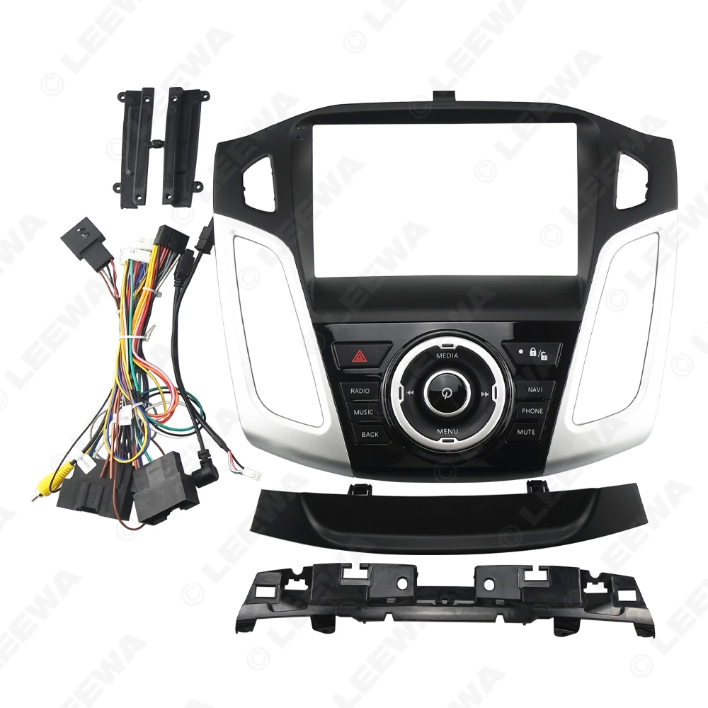 LEEWA Audio para coche, unidad principal de pantalla grande de 9 ", marco de Panel de Fascia para tablero + arnés de cableado de cable de alimentación de 16 pines con caja Canbus para Ford Focus