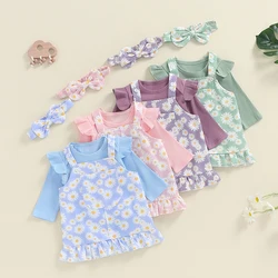 Newborn Clothes Baby Clothing Girls Ribbed Ruffles Bodysuits+Floral Suspender Skirts+Headband Spring Autumn Outfits