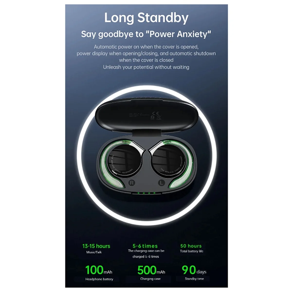 TWS Over-Ear Wireless Earphone Long Battery Life Bluetooth 5.2 Open-Ear Hook Cordless Stereo Never Drop Off HiFi