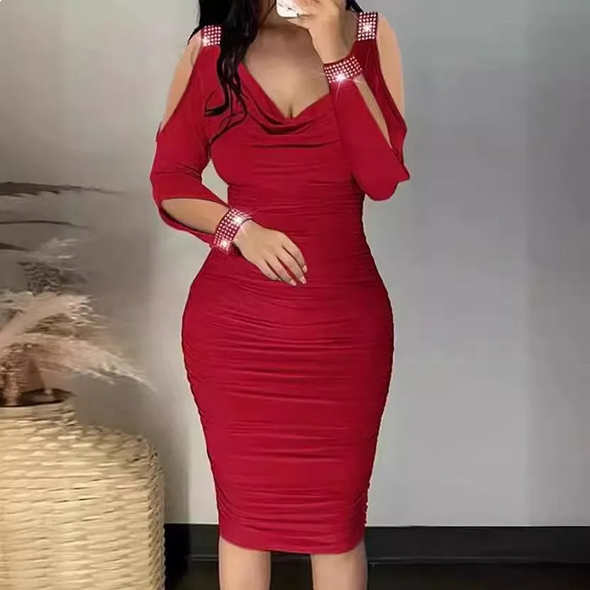Sexy V-Neck Rhinestone Bodycon Dress, Ruched Tight Party Mini Dresses