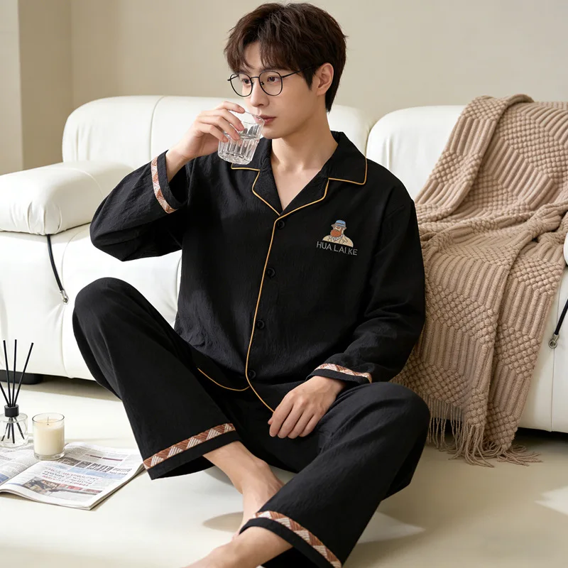 

Spring New Men's Long Sleeved Pajamas Home Suit Set Cloud Cotton Cartoon Cardigan Loose Sleepwear Home Suit Long Sleeved Set