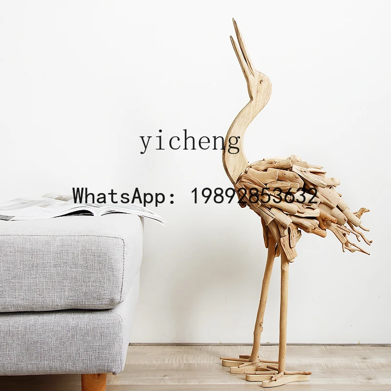 Handmade Solid Wood Animal Red-crowned Crane Ornament for Outdoor Home, Guesthouse, Office Gift