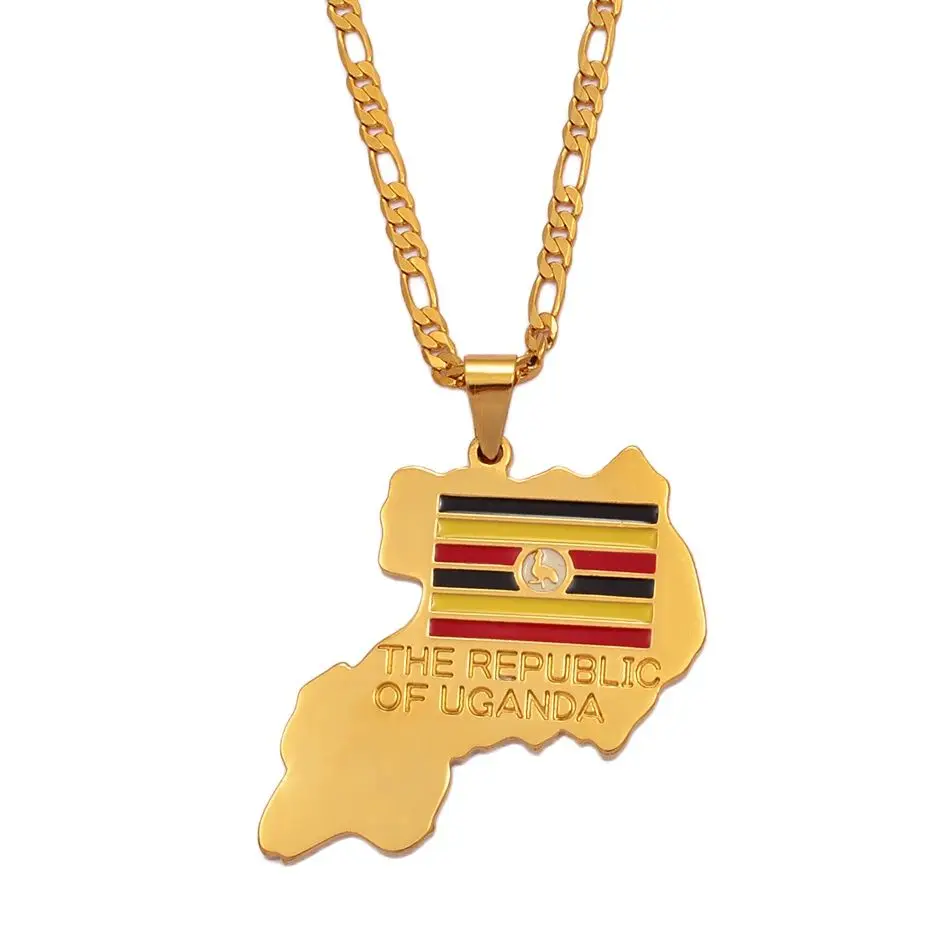 Anniyo the Republic of Uganda Map Pendant Necklace Gold Color Jewelry Uganda National Flag #003210