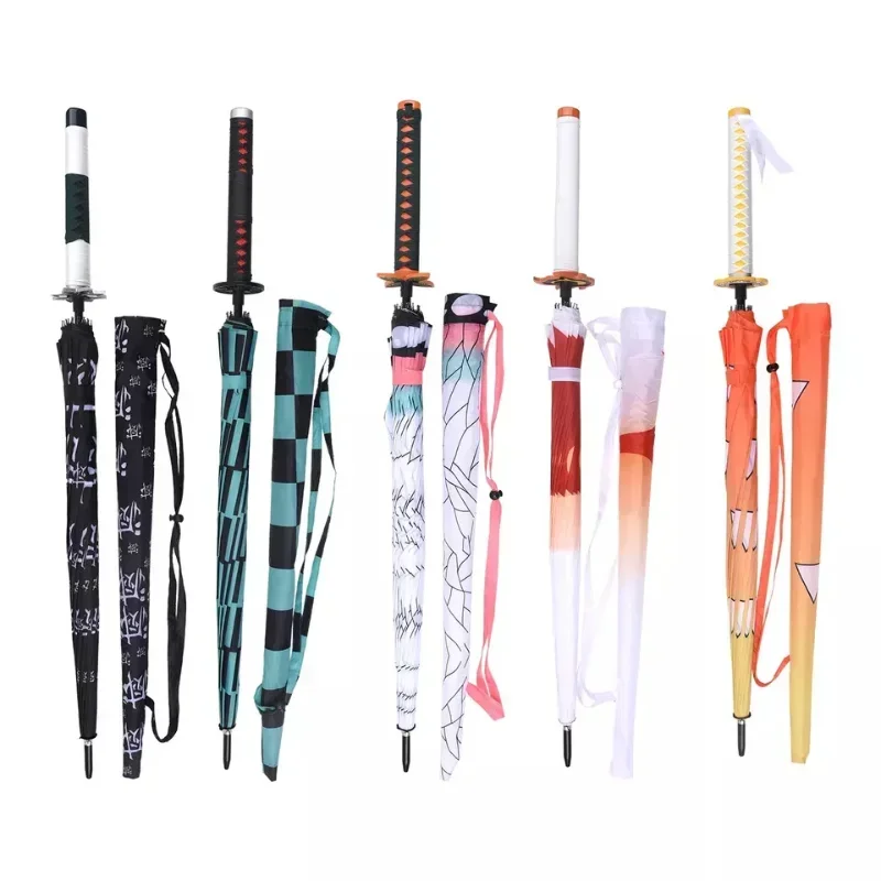 Anime Demon Slayer Katana Umbrella Sunshade Long Handle Parasol Umbrellas Kimetsu No Yaiba Tanjirou Windproof Sword Rain Gear