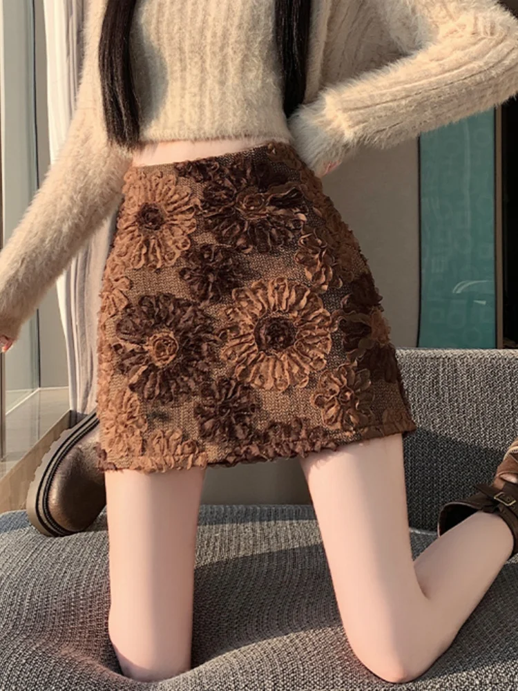 Faldas elegantes Vintage para mujer, ropa de cintura alta, faldas acampanadas, novedad de Otoño Invierno 2021, Falda corta de flores 3D, ropa de calle