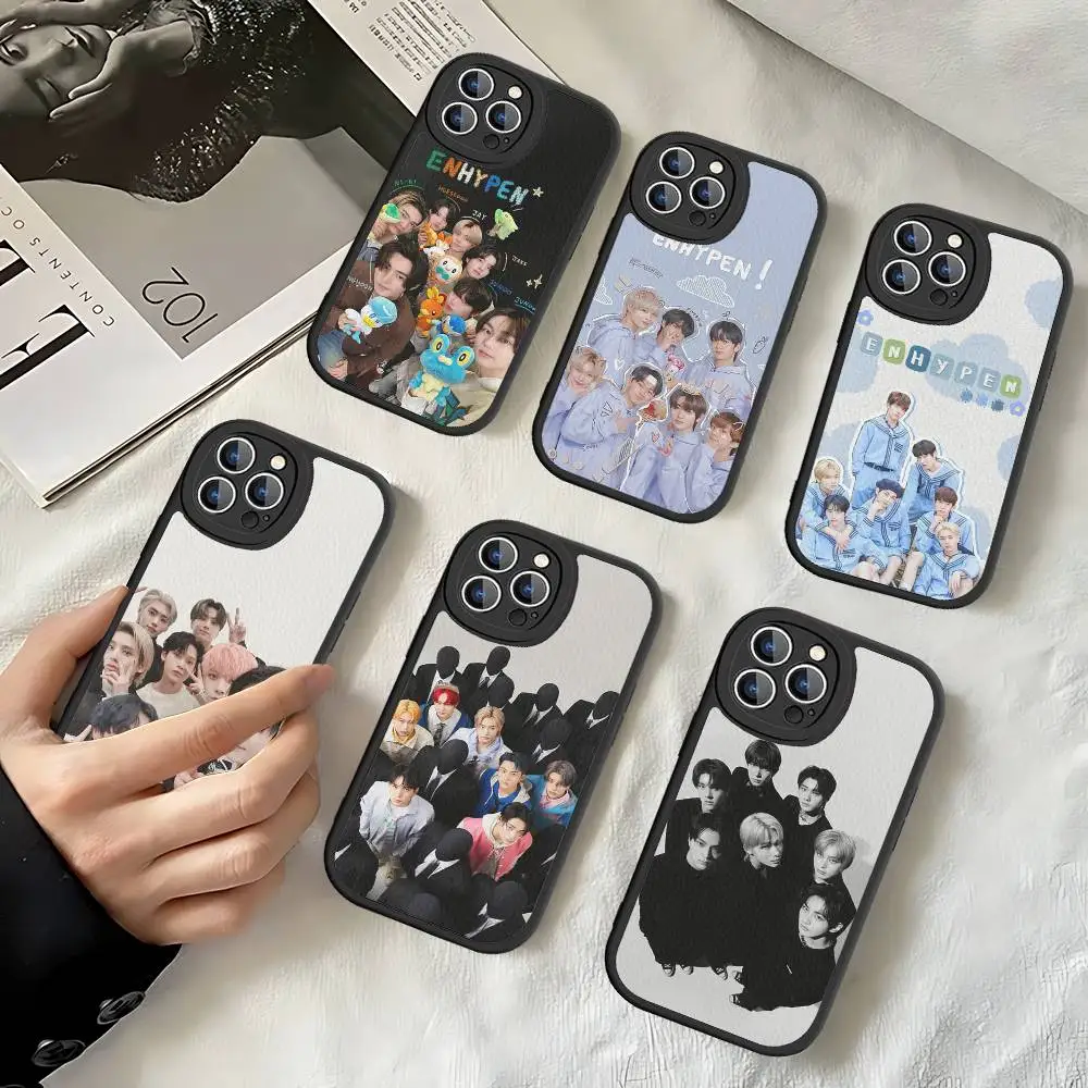 Coque de téléphone E-ENHYPENS pour iPhone 16 15 14 11 12 13 Pro Max Plus, coque arrière en cuir
