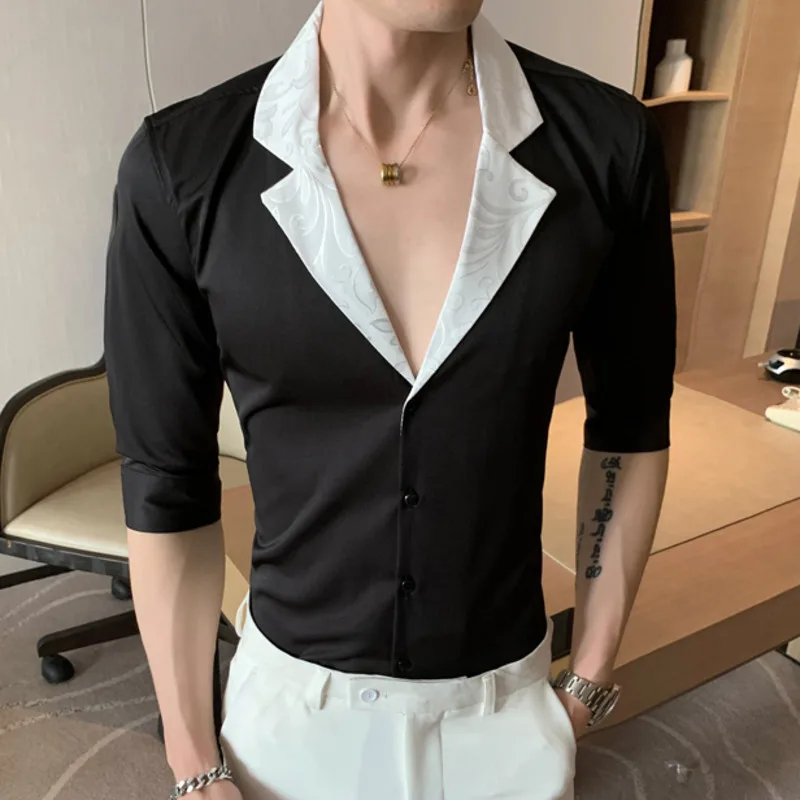 2022 Jacquard Stitching Shirts For Men Half Sleeve Slim Casual Shirt Social Party Tuxedo Chemise Homme Streetwear Men Clothing