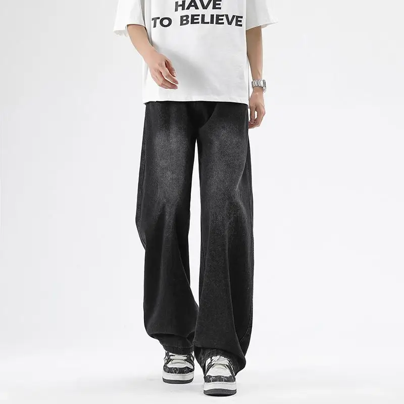 Men's Street Jeans, Simple And Wide Leg Trend Spring And Autumn Elastic Distressed Retro Loose Straight Leg Casual Pants