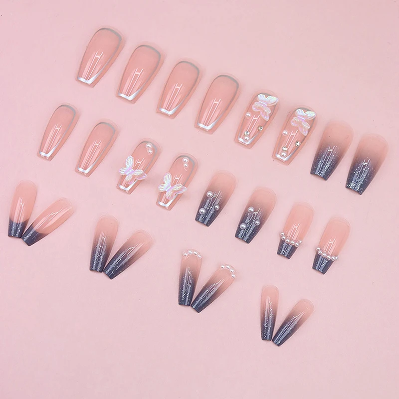 ชุดเล็บปลอมแบบกดติด 24 ชิ้น/ชุด ลายผีเสื้อสตรอว์เบอร์รี่ฝรั่งเศส ลายตาแมว  แบบถอดได้ รูปทรงวงรี ชุดเล็บปลอมครบเซ็ต