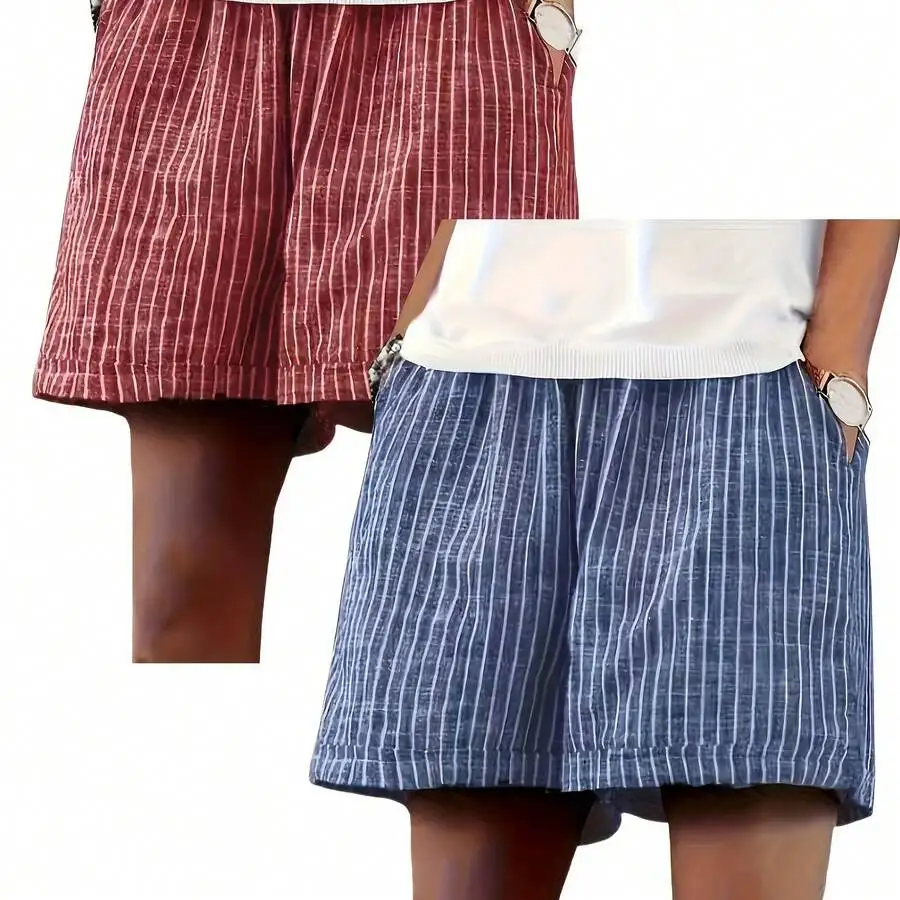 

Womens Striped Pocket Wide Leg Elastic Waist Shorts Summer Casual Set