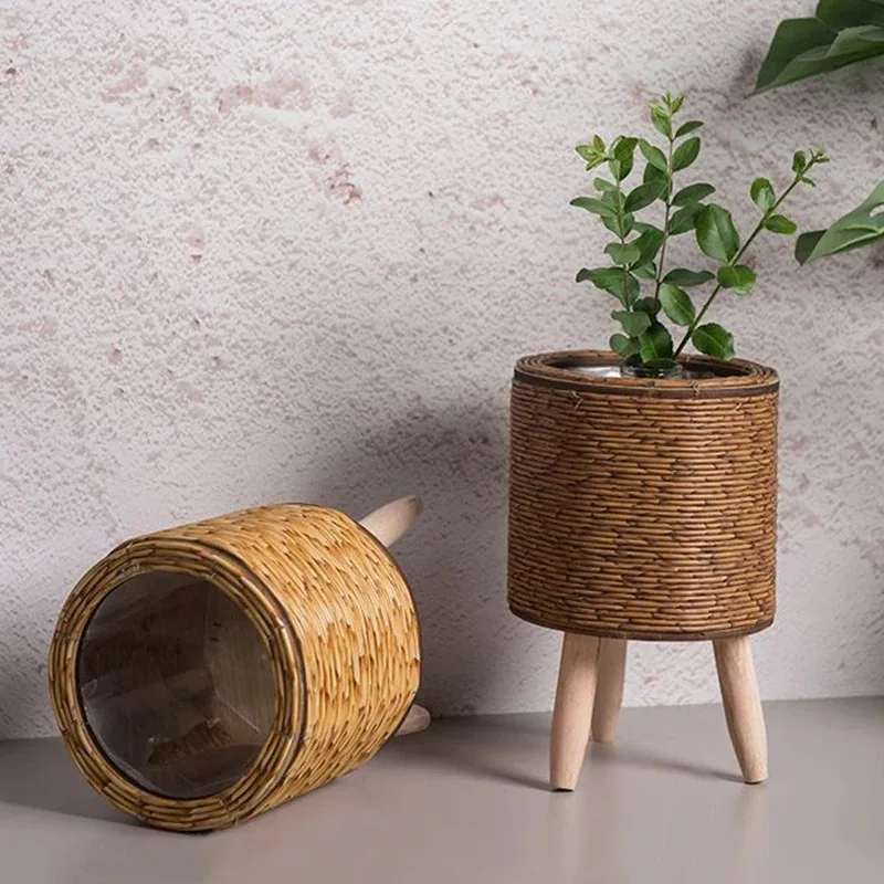 Puramente artesanal retro rattan desktop vaso de flores armazenamento decorativo janela plantador decorações do jardim vasos de flores vaso de plantas