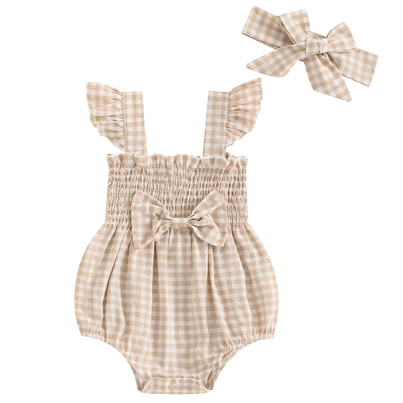 

Baby Girl 2Pcs Summer Outfits Fly Sleeve Plaid Print Smocked Romper with Headband Set Newborn Clothes