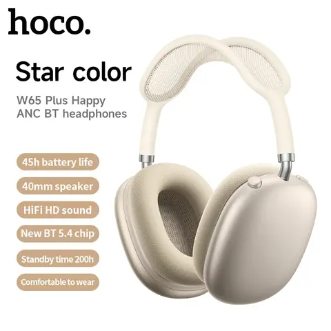 Hoco w65 plus airpods max anc redução de ruído bluetoothe fone de ouvido sobre a orelha grandes fones de ouvido alta fidelidade com protetores de orelha magnéticos