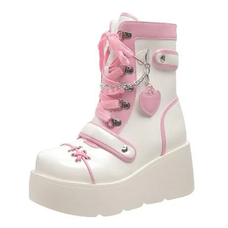 

Новые готические туфли на платформе, женские ботинки, женские ботинки до середины икры для ролевых игр вампира, на танкетке со шнуровкой, в стиле панк, Botines Para Mujeres