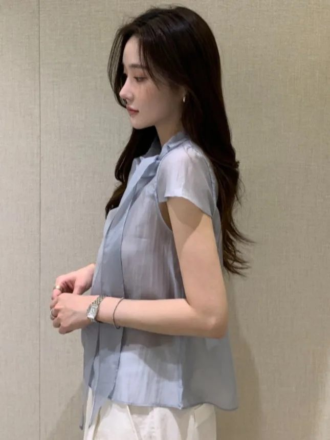 Sweet Chic Women's ort Sve irt Bow Tie  Knot Sli Summer New Arrival Small Capita Sle Knitted Sweater