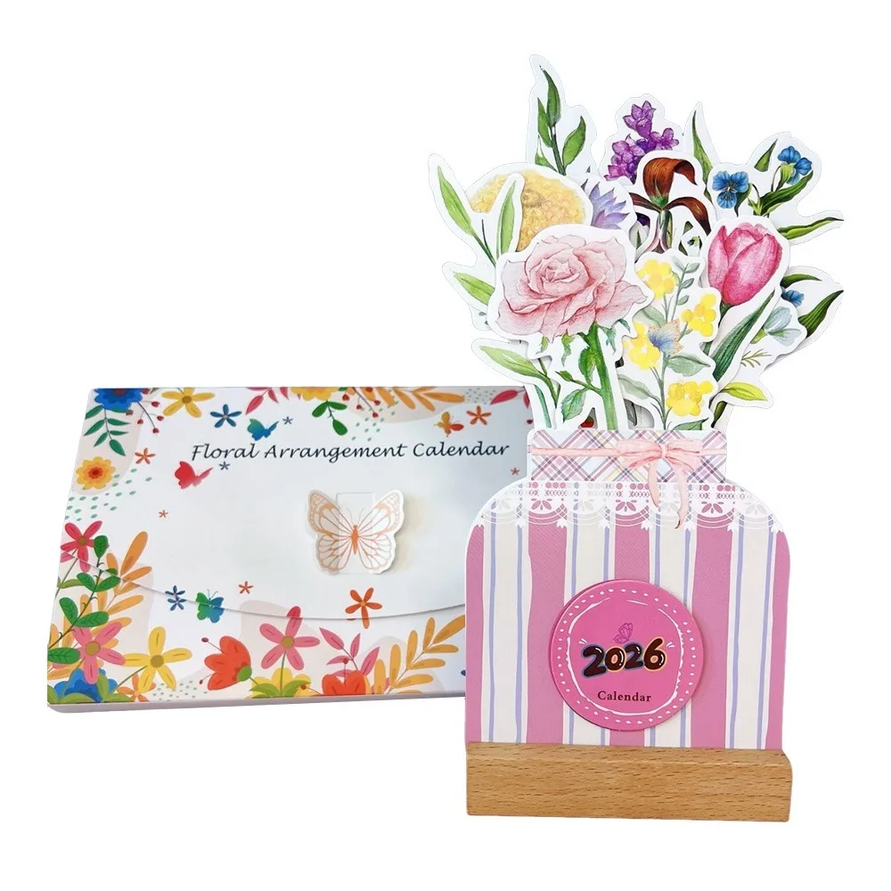 

Wooden Base 2026 Desktop Calendar Vase Shaped Detachable Base Monthly Planner DIY Date Display Bloomy Flowers Desk Calendar