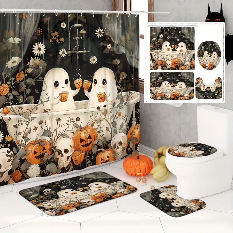 1/4PCS Halloween Ghost Pumpkin Skull Shower Curtain Set with Non-Slip Rugs Toilet Lid Cover and Bath Mat Washable Trick or Treat