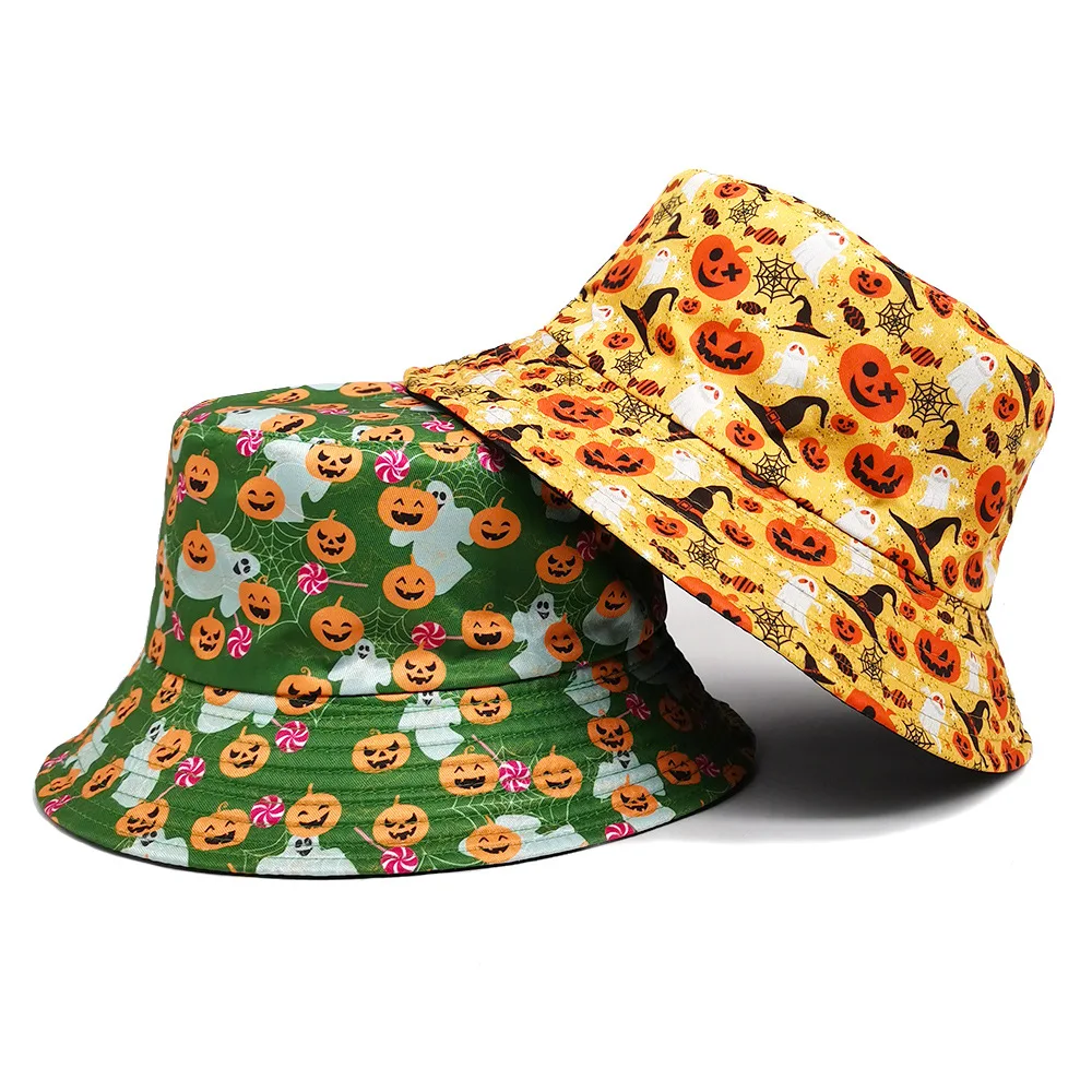Halloween Party Bucket Hat for Men Women Pumpkin Ghost Witch Hat Spider Web Print Cosplay Fisherman Cap Spooky Costume Accessory