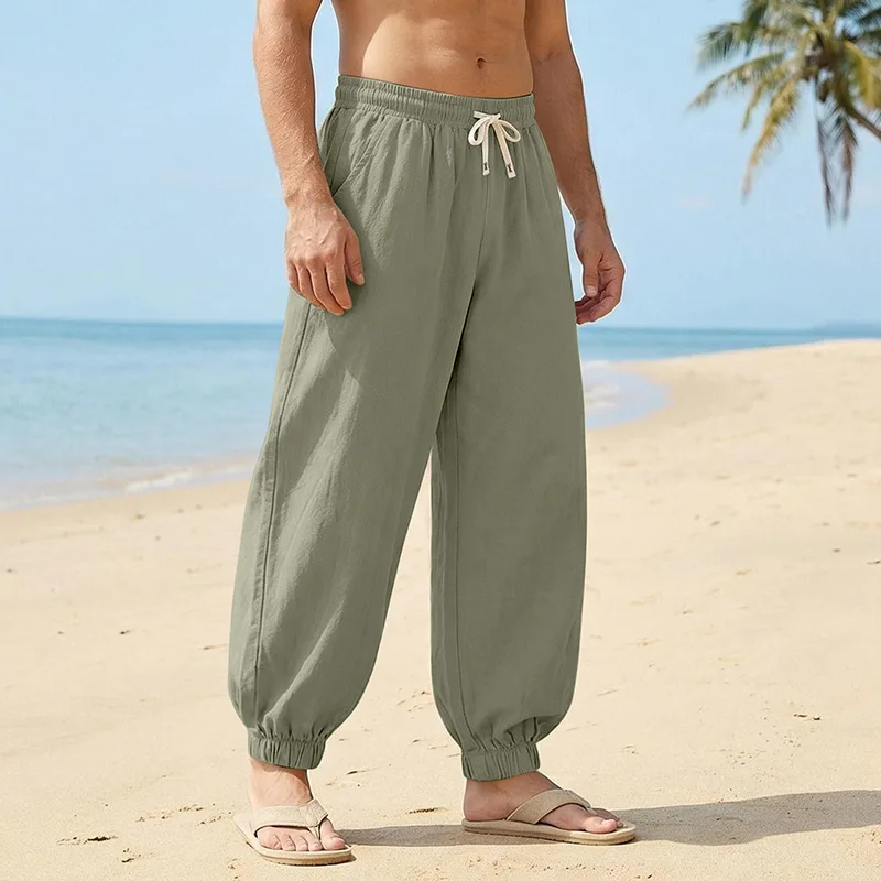 Europäische und amerikanische Freizeithose für Herren: Sommerliche Strand-Leinenhose in Übergröße mit Bündchen am Knöchel – Detail 31