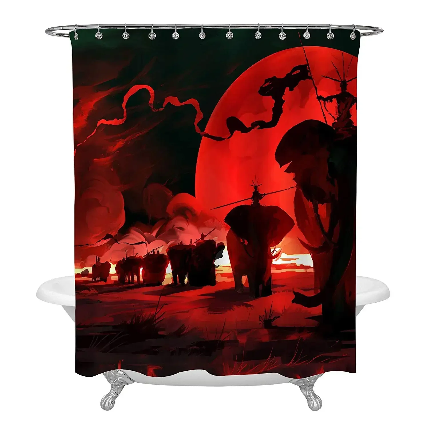 War Animals Elephants with Red Moon Shower Curtain Decor Graphic Print