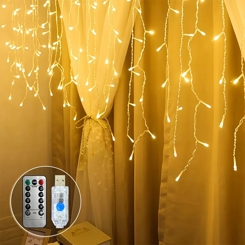 USB LED Ice Bar Curtain Lights with 8-Mode Multicolor Button-Controlled Indoor String Lights for Christmas Window Wall Decor