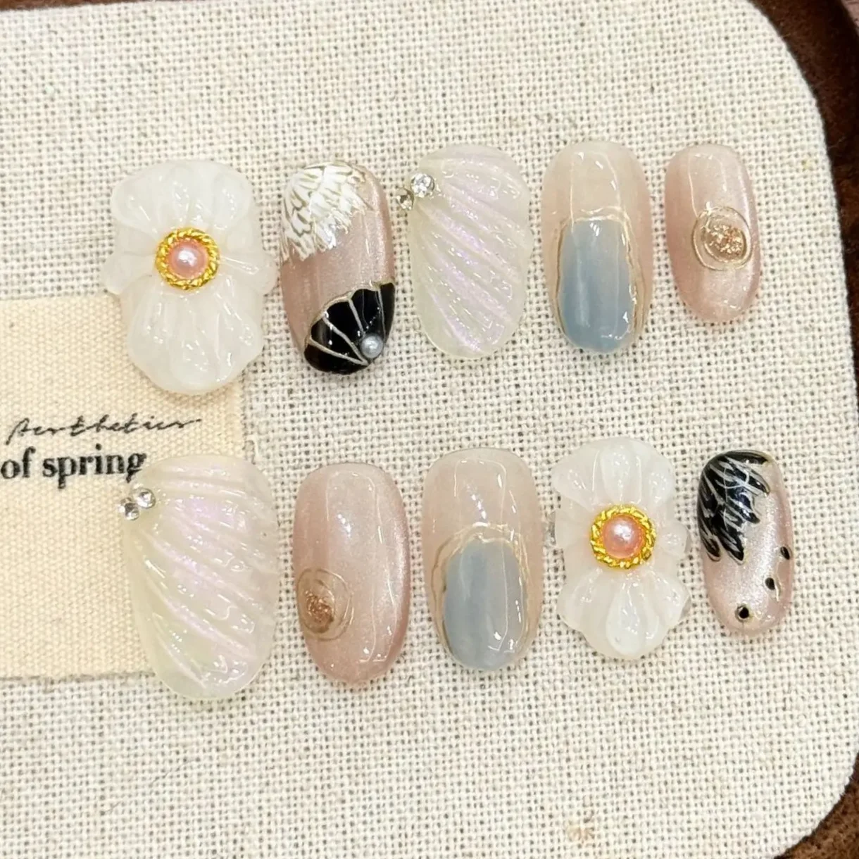 

10pcs Handmade Almond Press On Nails Sweet Pink 3D Flower Cat's Eye False Nails Simple Daily Korean Style Fake Nail Manicure Art