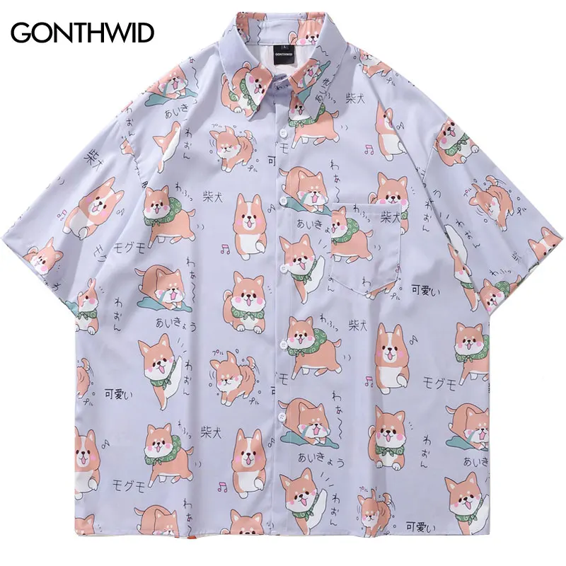 Harajuku Cartoon Shiba Dog Graphic Print Shirts Funny Summer Button Up Blouse 2024 Men Hip Hop Casual Loose Short Sleeve Tops