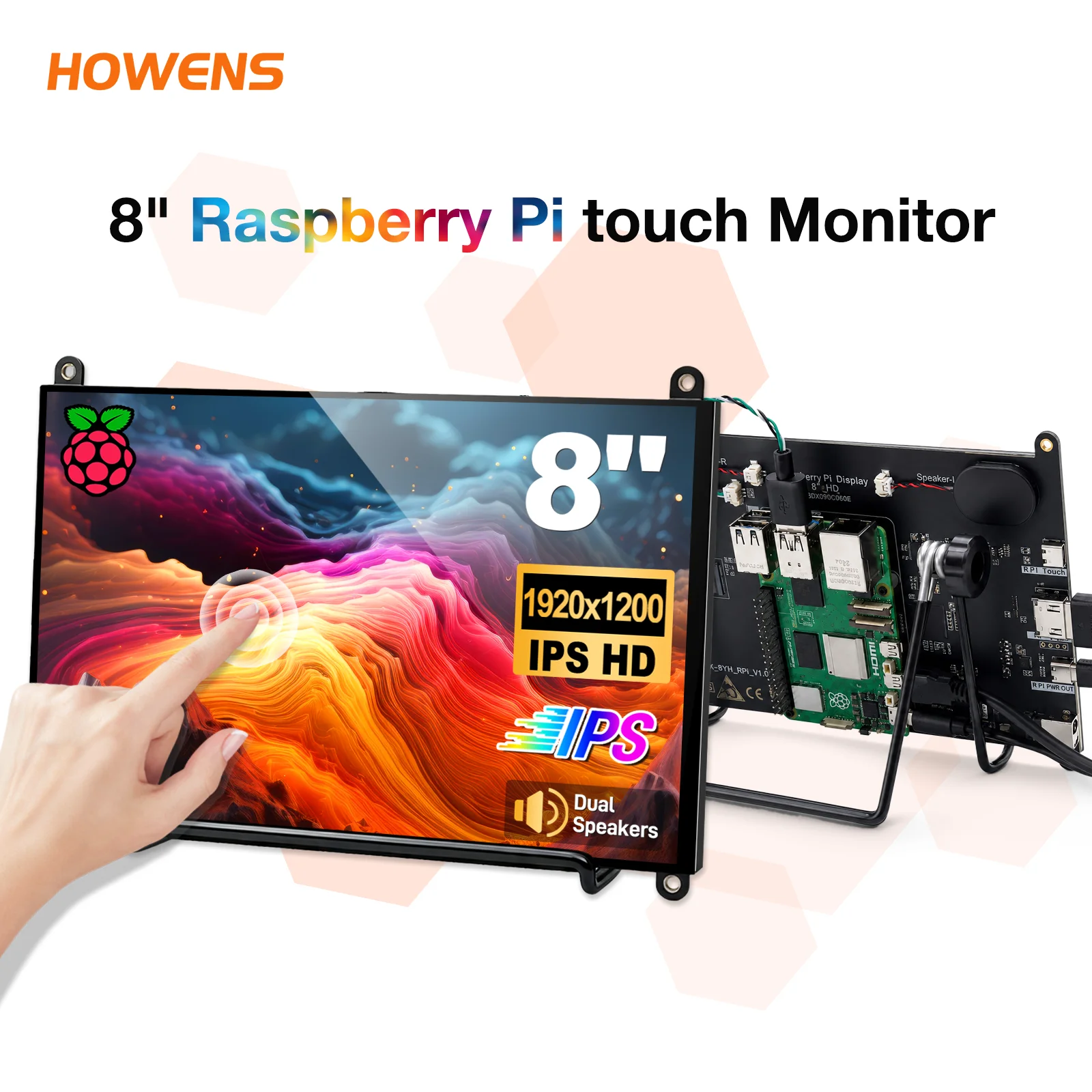 8 Inch Raspberry Pi Touch Monitor 19201200 IPS 10-Point Touch Screen Dual Speaker HDMI Display for Pi 5/4B/3B PC DIY Case 3D