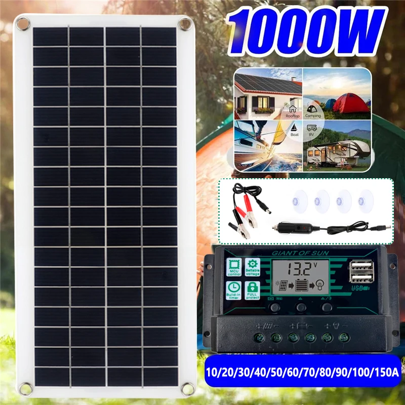 1000W Solar Panel 12V Solar Cell 10A-150A Controller Solar Panel for Phone RV Car MP3 PAD Camping Charger Outdoor Battery Supply