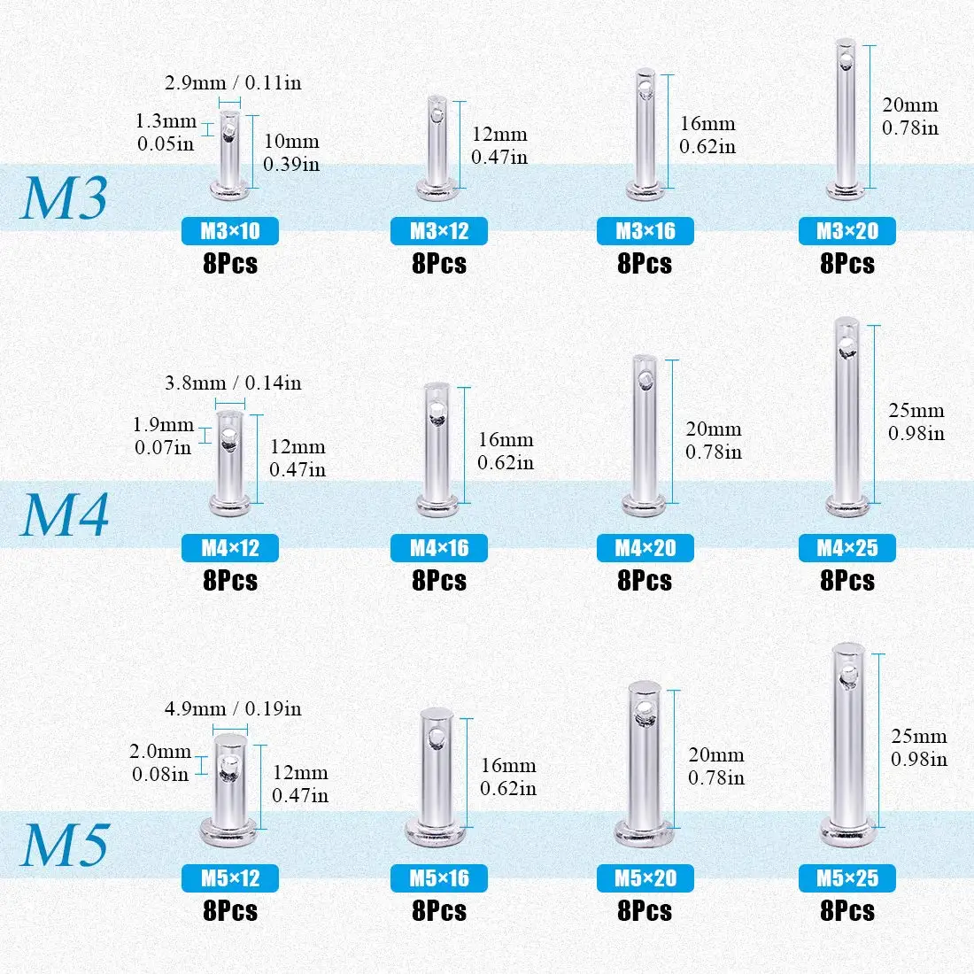 96PCS M3 M4 M5 304 Stainless Steel Shaft Flat Head Pins with Hole Positioning Cylindrical Pin GB882 Assrement Kit Boxed
