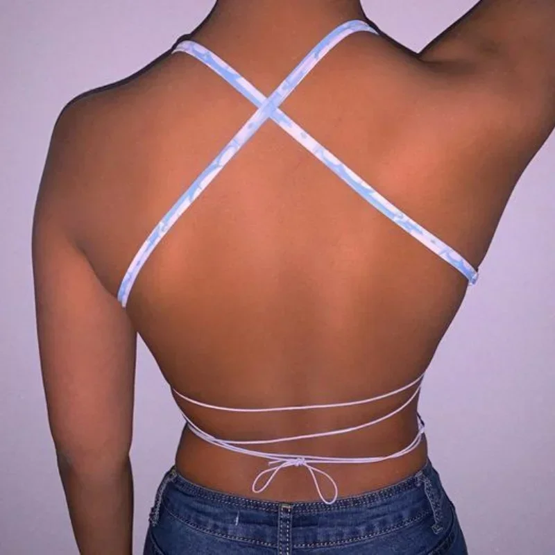 2024 Summer Tank Top Small Hanging Strap Open Back Spicy Girl Sexy Strap Nightclub Blue Pink Short Off Shoulder Top