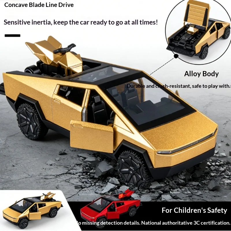

Generic Golden Alloy Cybertruck Car Model Diecast Realistic Toy With Mini Motorcycle Openable Doors For Boys Kids Play