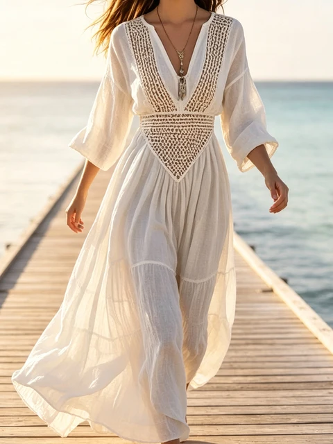 Vestido largo bohemio de playa con crochet y cuello en V