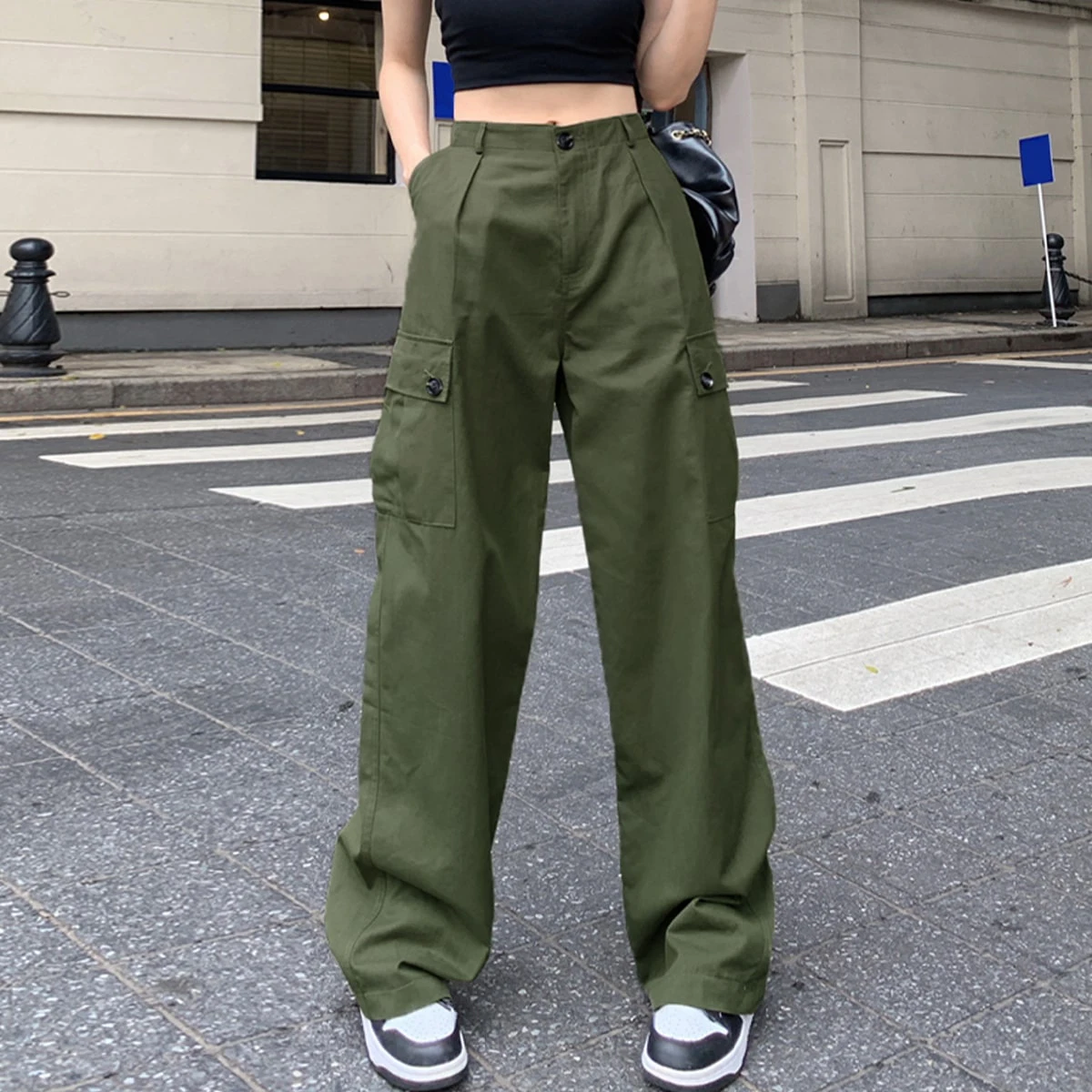 

Korean Chic High Street Retro Cargo Pants for Women Spring High-Waisted Loose Wide-Leg Pants Casual Pants Straight-Leg Pants Long