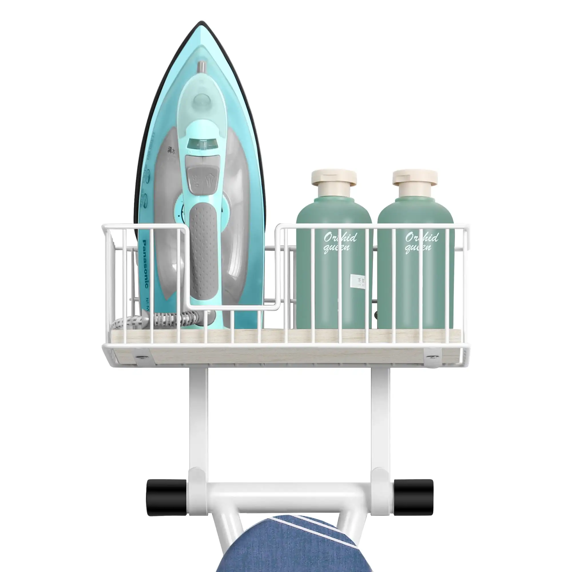 شماعة لوح كي مثبتة على الحائط لساق T وساق Y مع سلة تخزين وخطافات قابلة للتعديل، باللون الأبيض