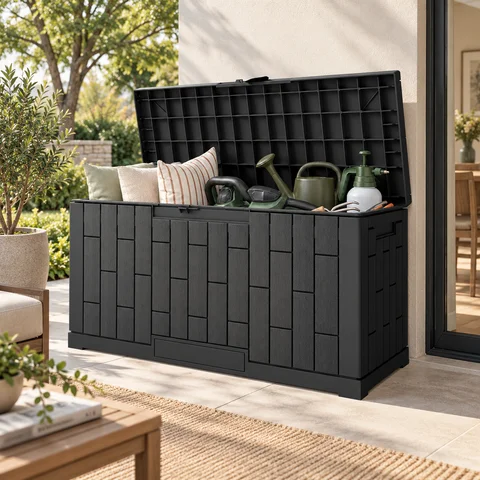60 Gallon Outdoor Storage Box Waterproof Resin Patio Deck Box with Gas Strut Lockable Lid And Hidden Handles for Patio Deck Poolside