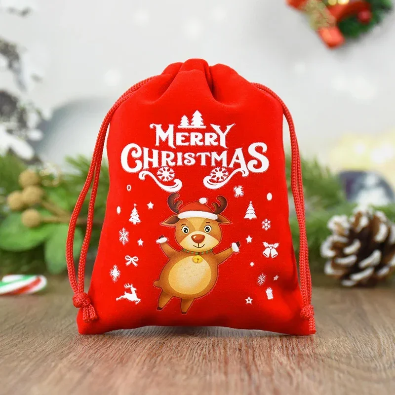 5 teile/los Weihnachten Muster Samt Taschen 9x12 15x20cm kleine Weihnachten Süßigkeiten Geschenk Tasche Kordel zug Beutel Boutique Schmuck Verpackung Taschen – Detail 5