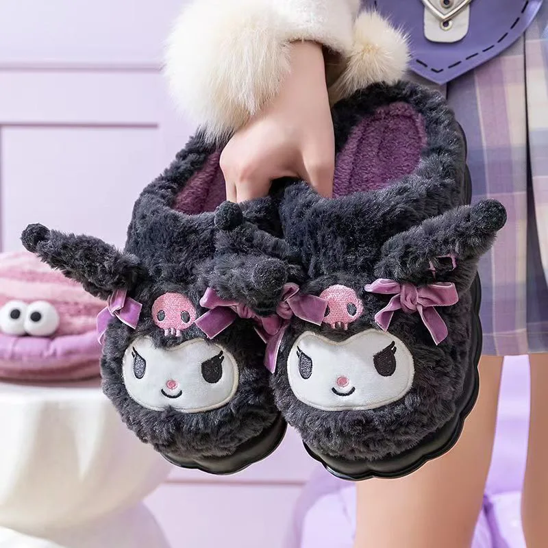 Miniso Kuromi Cotton Slippers For Women'S Autumn And Winter Home Anti Slip Cute Student Cartoon Plush Cotton Shoes Thickened