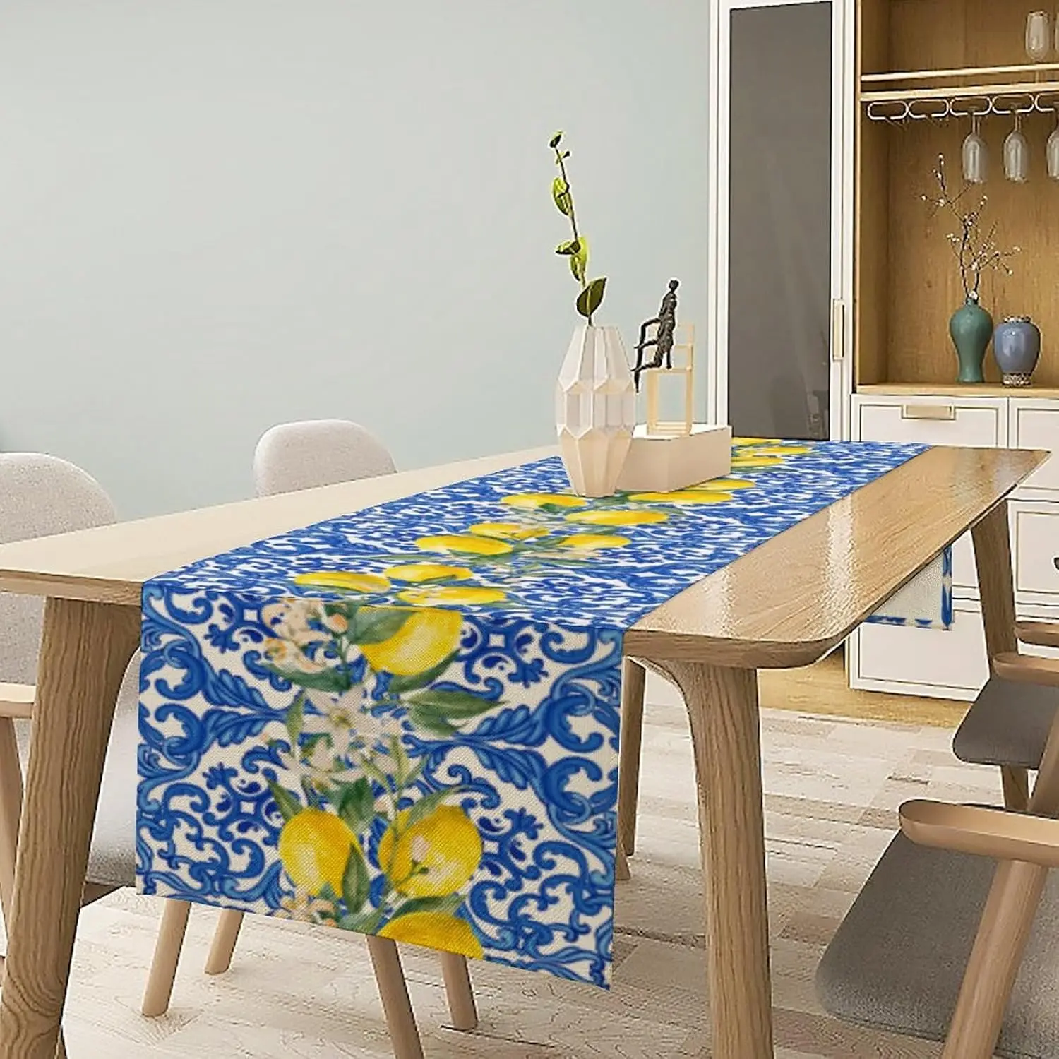 Blue Tiles Lemon Linen Table Runner Holiday Party Decor Washable Summer Lemon Floral Kitchen Dining Table Runner Home Decoration