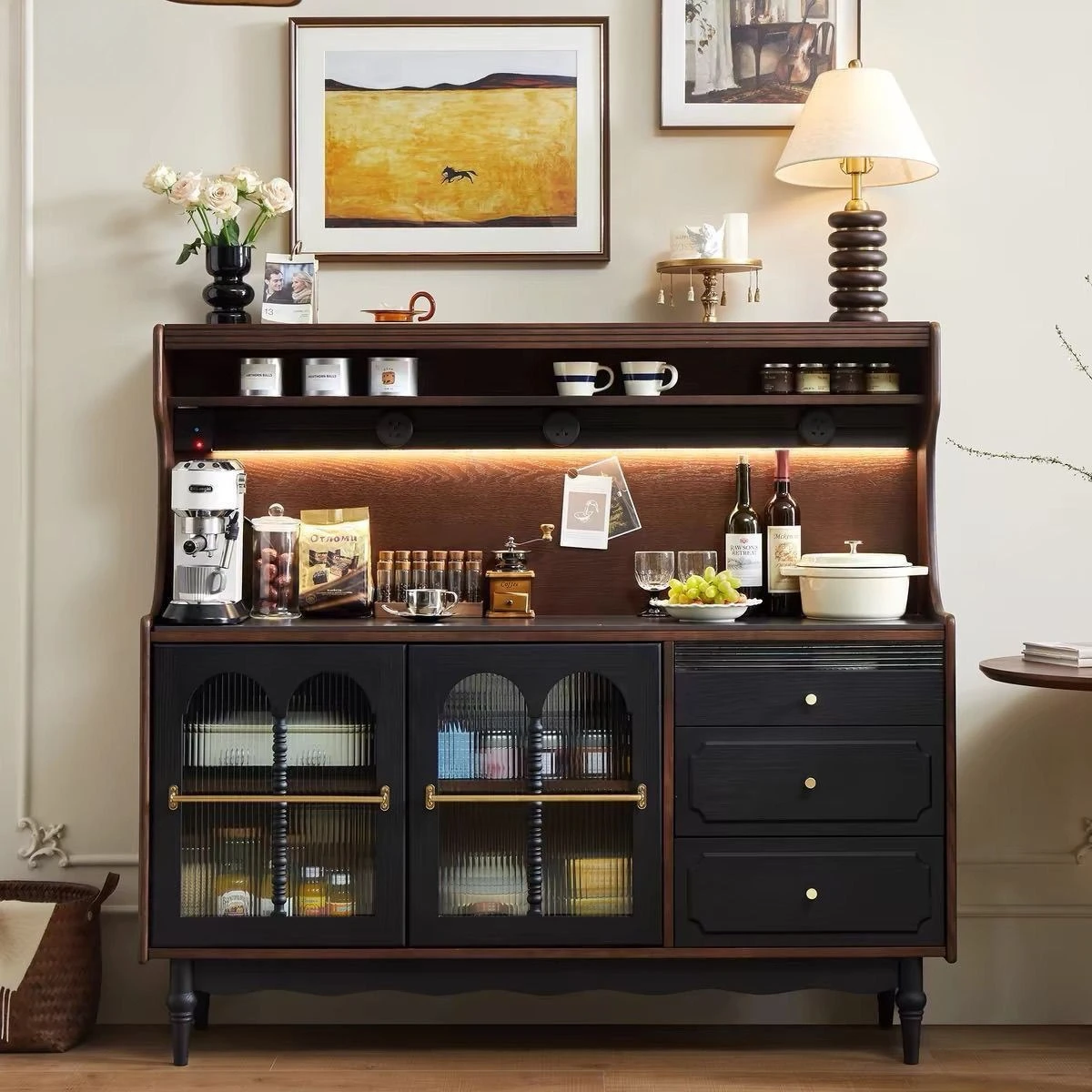 Living room solid wood dining side cabinet dining room integrated rock slab storage solid wood storage tea cabinet