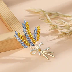 Fashion Women Jewelry Accessories Wholesale Three Head Wheat Brooch Ukraine Badge Shiny Rhinestone Lapel Pin For Luxury Clothing