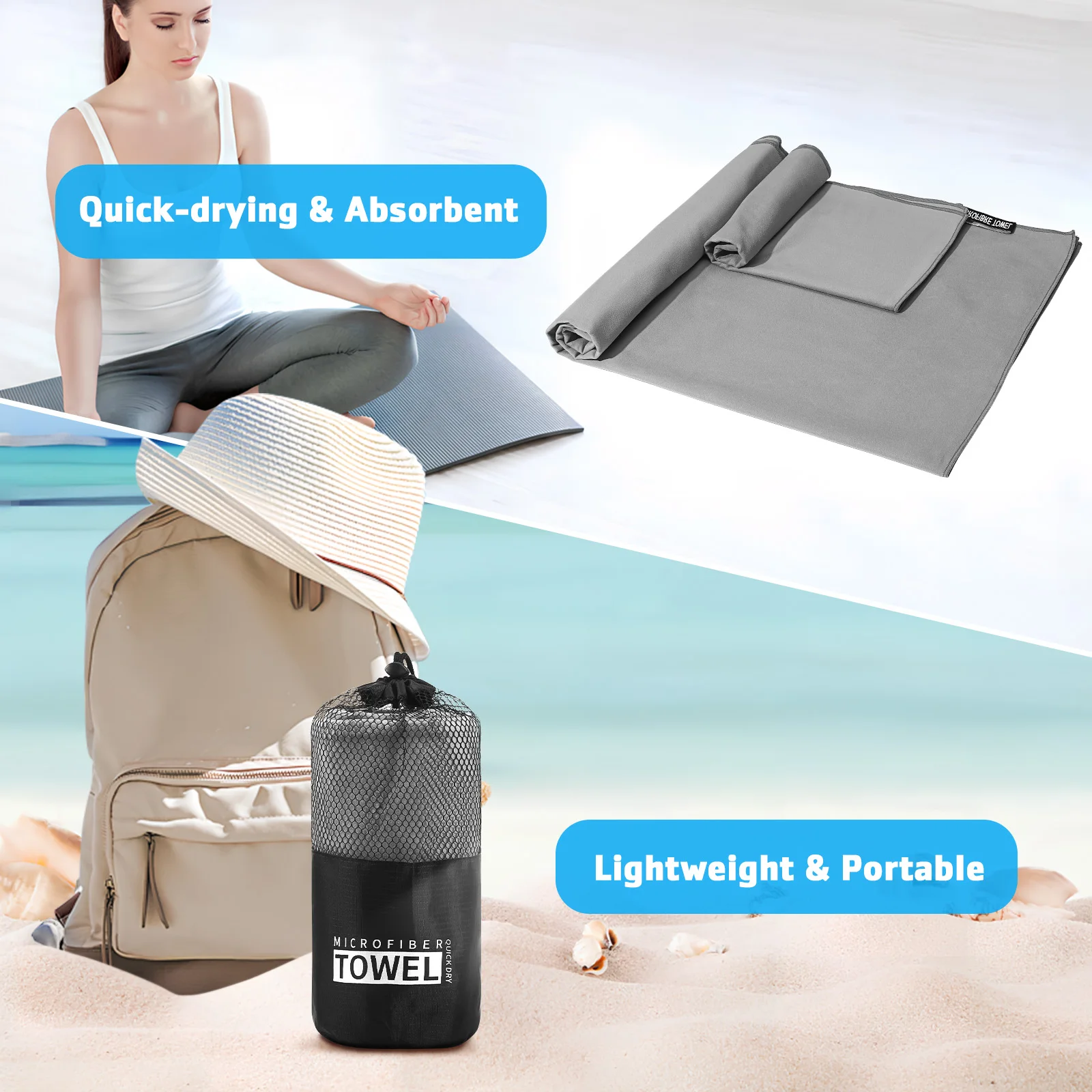 

BESPORTBLE Quick Dry Microfiber Sport Towel Set Large Absorbent Fitness Beach Towel for Outdoor Workout Accessories Grey